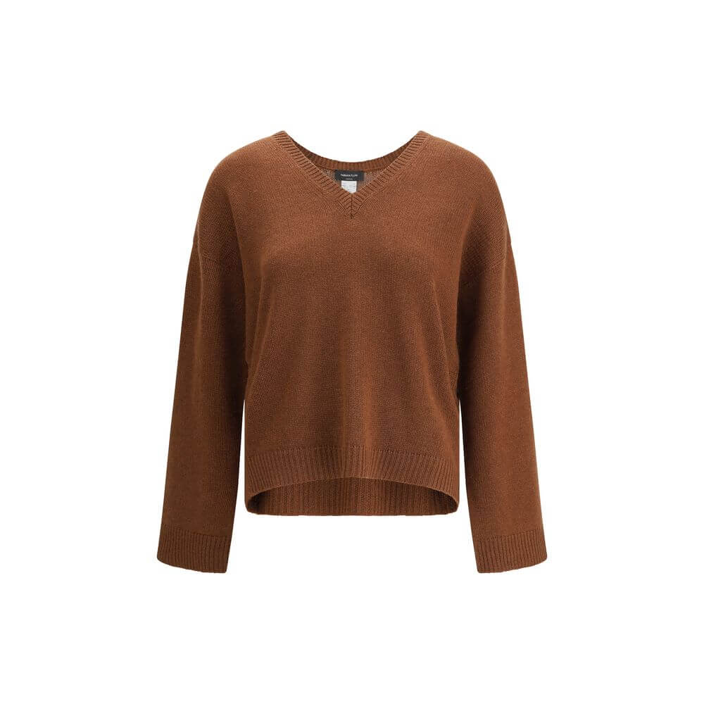 Fabiana Filippi Brown Cashmere Cashmere Sweater with ribbed V-neck, hem, and cuffs, 100% cashmere, classic AW25 style.