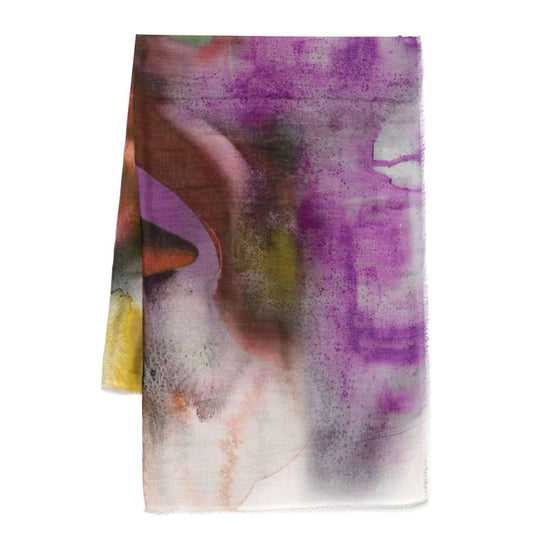 Faliero Sarti Flowers printed scarf in red watercolor effect with frayed edges, includes protective dust bag, flowers printed stole.