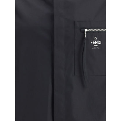Fendi Black Cotton Shortsleeve Shirt with zippered patch pocket and iconic logo, featuring a minimalist concealed button design.