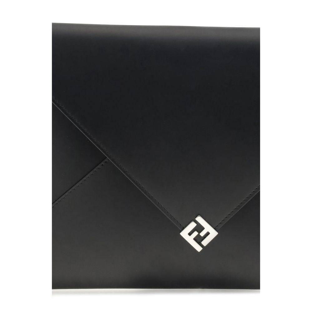 Fendi Black Leather Clutch Bag with metallic logo, snap-button closure, and cuff handle for easy carrying.