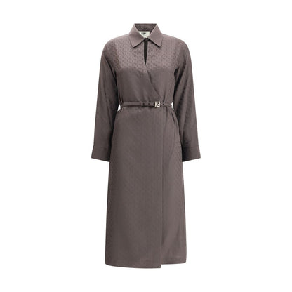 Fendi Brown Silk Casual Dress with jacquard pattern, shirt collar, and asymmetrical closure, showcasing elegance and iconic FF details.