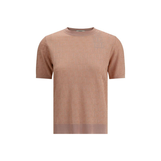 Fendi Knit T-Shirt with ribbed crew neck and iconic FF motif, elegant tone-on-tone pattern, and side slits for versatile style.