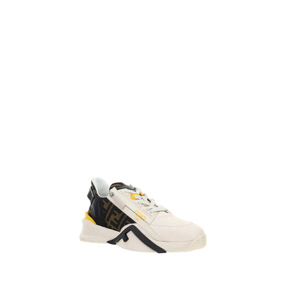 Fendi White Calf Leather Bos Taurus Athletic Sneakers with geometric lace-up and structured heel for grip and style.