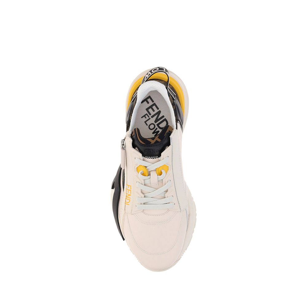 Fendi White Calf Leather Bos Taurus Athletic Sneakers top view with modern lace-up closure and geometric eyelets