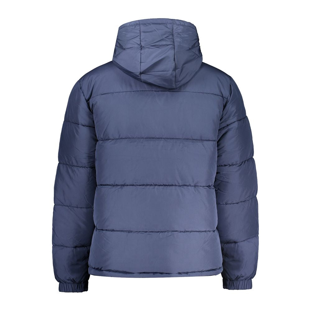 Fila Blue Polyester Men Jacket with hood and pockets, back view highlighting water-repellent design and iconic Fila logo detailing