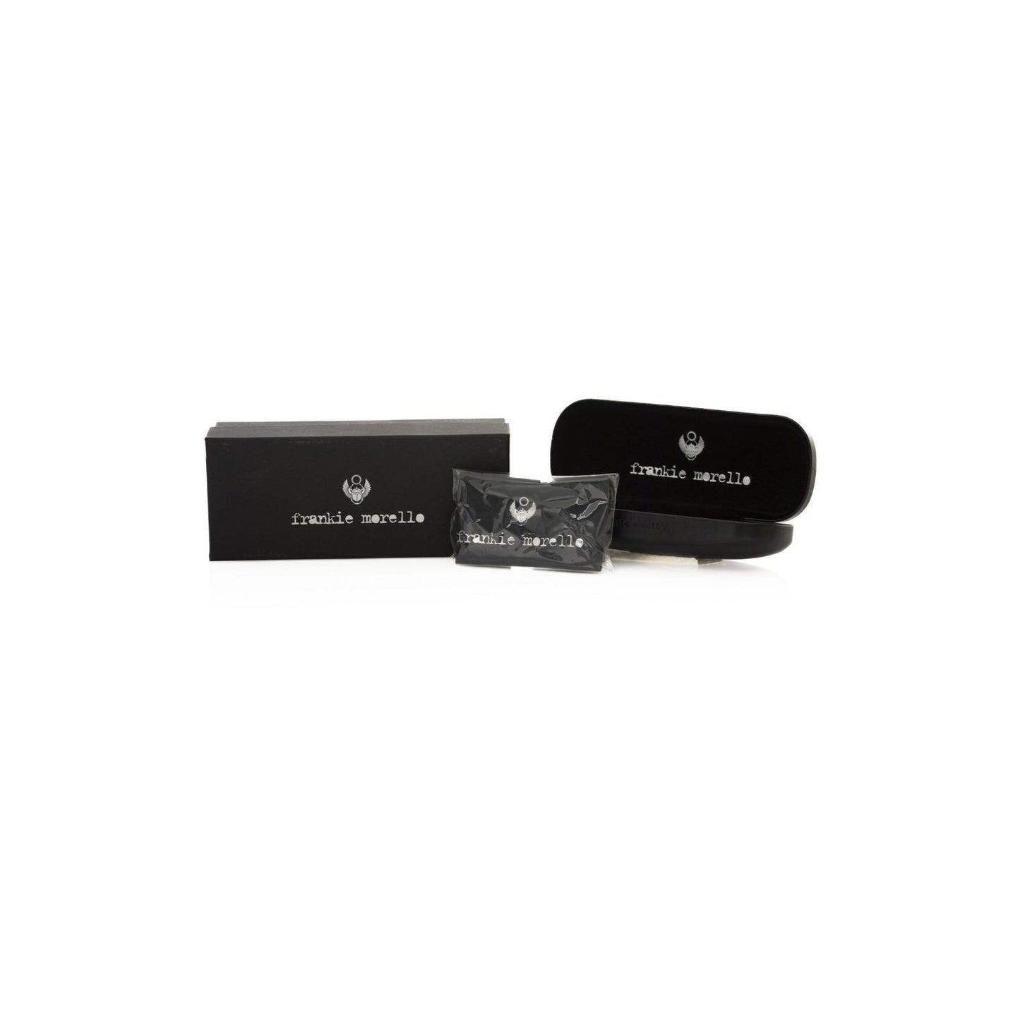 Frankie Morello Gold Metallic Unisex Frame Eyeglasses packaging with logo on black box, case, and cloth.