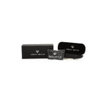 Frankie Morello Gold Metallic Unisex Frame Eyeglasses packaging with logo on black box, case, and cloth.