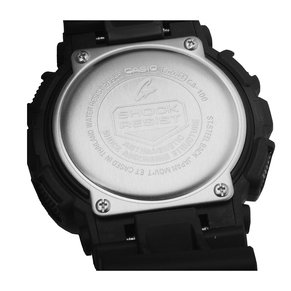 Back view of CASIO G-SHOCK Mod. GS BASIC wristwatch showing shock resist and water resist features in official packaging.
