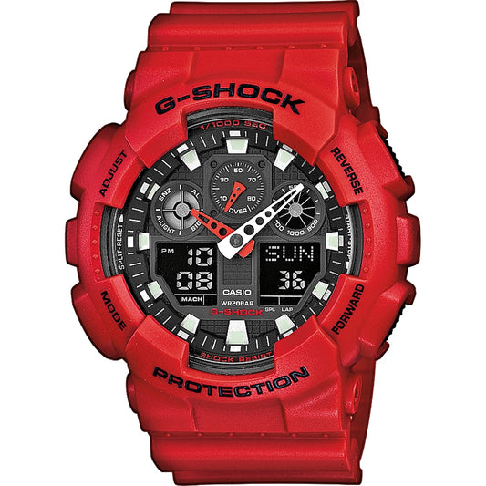 Red CASIO G-SHOCK Mod. GS BASIC wristwatch, 51mm resin case, quartz movement, water resistant 20 ATM, multifunction dial, gent's watch.