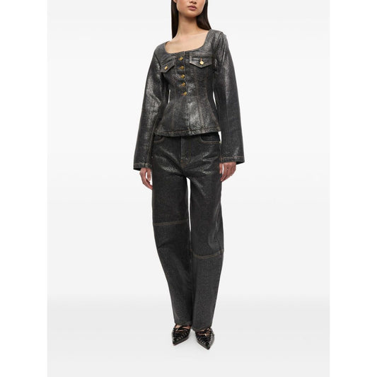 GANNI Jackets Black - Black denim blazer jacket with front button fastening, peplum waist, and chest flap pockets.