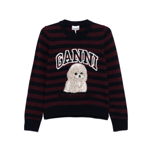 GANNI Sweaters Bordeaux - midnight blue crewneck sweater with ribbed trim, horizontal stripes, and poodle design in wool