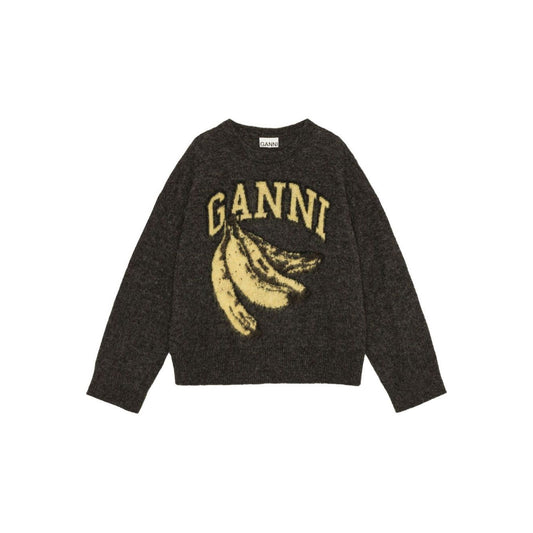 GANNI Sweaters Grey featuring banana graphic, grey crew neck, long sleeves, straight hem, and ribbed cuffs and hem.