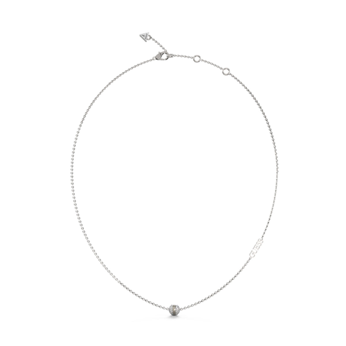 Elegant silver necklace from GUESS JEWELS JEWELRY Mod. JUBN04455JWRHT-U collection, featuring a delicate chain and pendant.