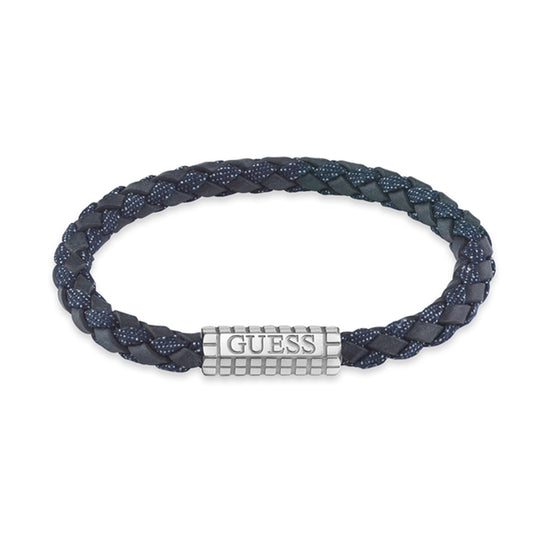 Alt Tag: GUESS JEWELS JEWELRY Mod. JUMB05036JWSTDNS braided bracelet with silver-tone logo clasp.