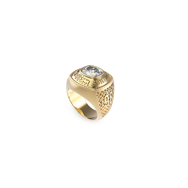 Gold ring with intricate design and gemstone, representing GUESS JEWELS JEWELRY Mod. JUMR01375JWYG64 for fashion enthusiasts.