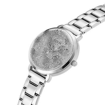GUESS Mod. SUGARPLUM watch with intricate silver dial and metal bracelet, showcasing elegant design and craftsmanship.