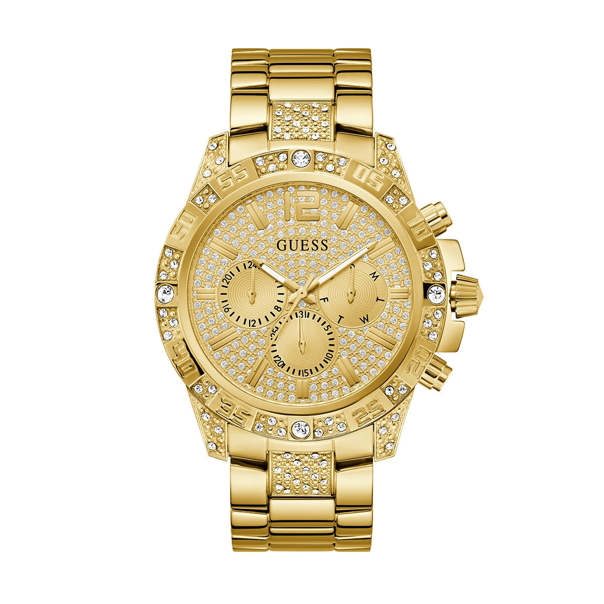 GUESS Mod. MAJESTIC gold-tone watch with crystal accents and chronograph features, showcasing luxury and style in timekeeping.