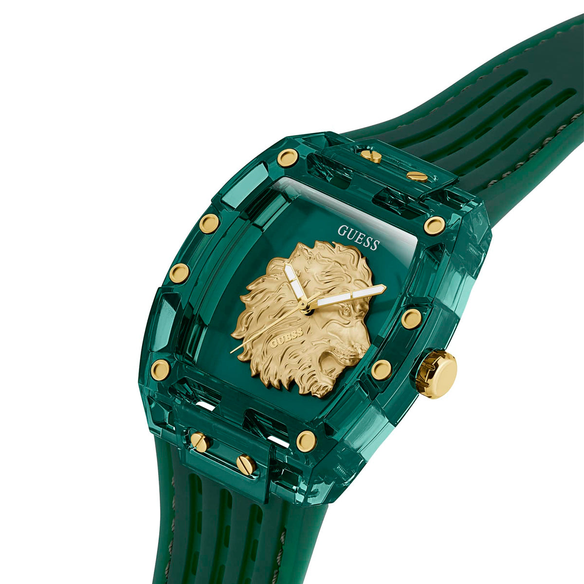 Luxurious green watch with lion emblem, model GUESS Mod. PHOENIX, showcasing distinctive design and elegance.