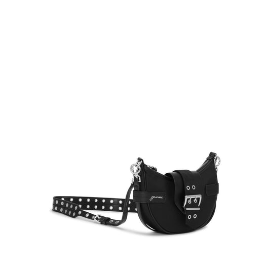 Black Ganni Bucky Small Shoulder Bag with detachable strap, embossed logo, and top zip fastening, made from recycled materials.