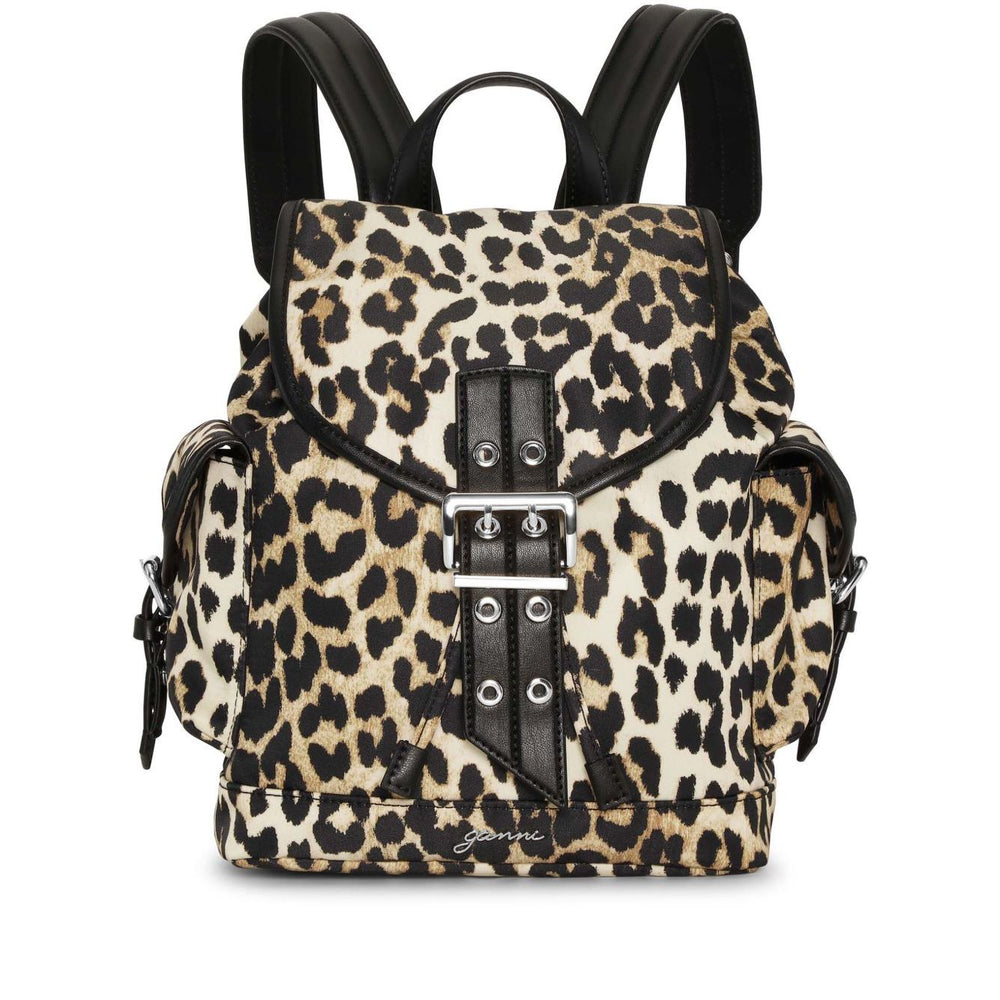 Ganni Leopard Small Nylon Bucky Backpack with brown buckle, foldover top, and drawstring fastening. Stylish small backpack for everyday use.