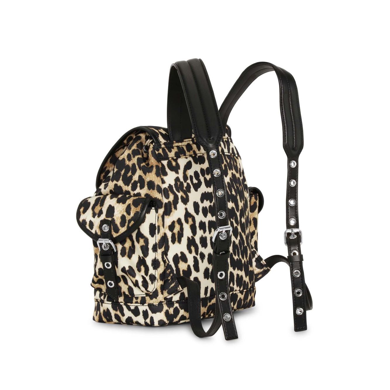 Ganni Leopard Small Nylon Bucky Backpack with foldover top, drawstring, and buckle fastening, featuring a distinctive leopard print design.