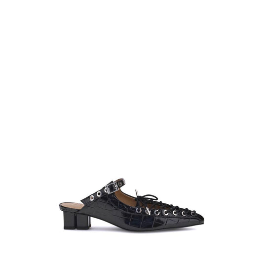 Side view of Ganni Oleatex laced Mules featuring crinkled fabric, metal eyelets, and a mini heel with GANNI butterfly logo.