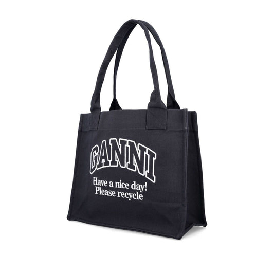 Ganni Organic cotton large tote bag with black color and top handles, eco-friendly design made from 50% organic materials.