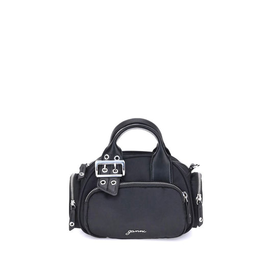 Ganni Polochon mini Handbag in black with top handle, adjustable strap, and silver logo, featuring zipper closure and multiple pockets.