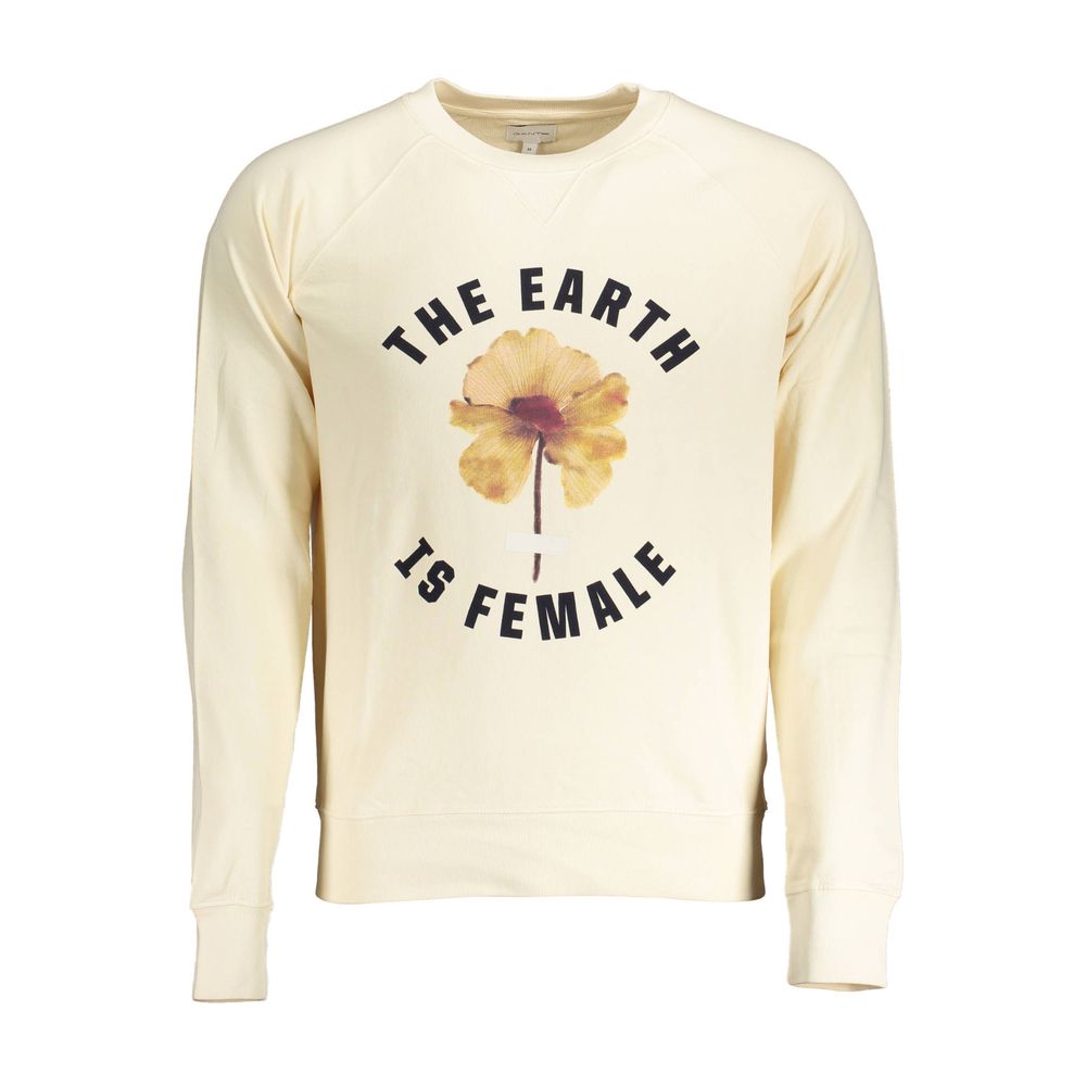 Yellow sweatshirt with 'The Earth is Female' graphic and flower design on front, promoting environmental awareness and gender equality.