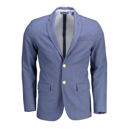 Gant Blue Cotton Men Jacket with 2-button closure and sleek design for stylish comfort.