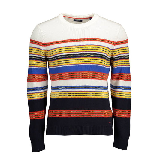 Colorful striped sweater with long sleeves and crew neck displayed against a white background.