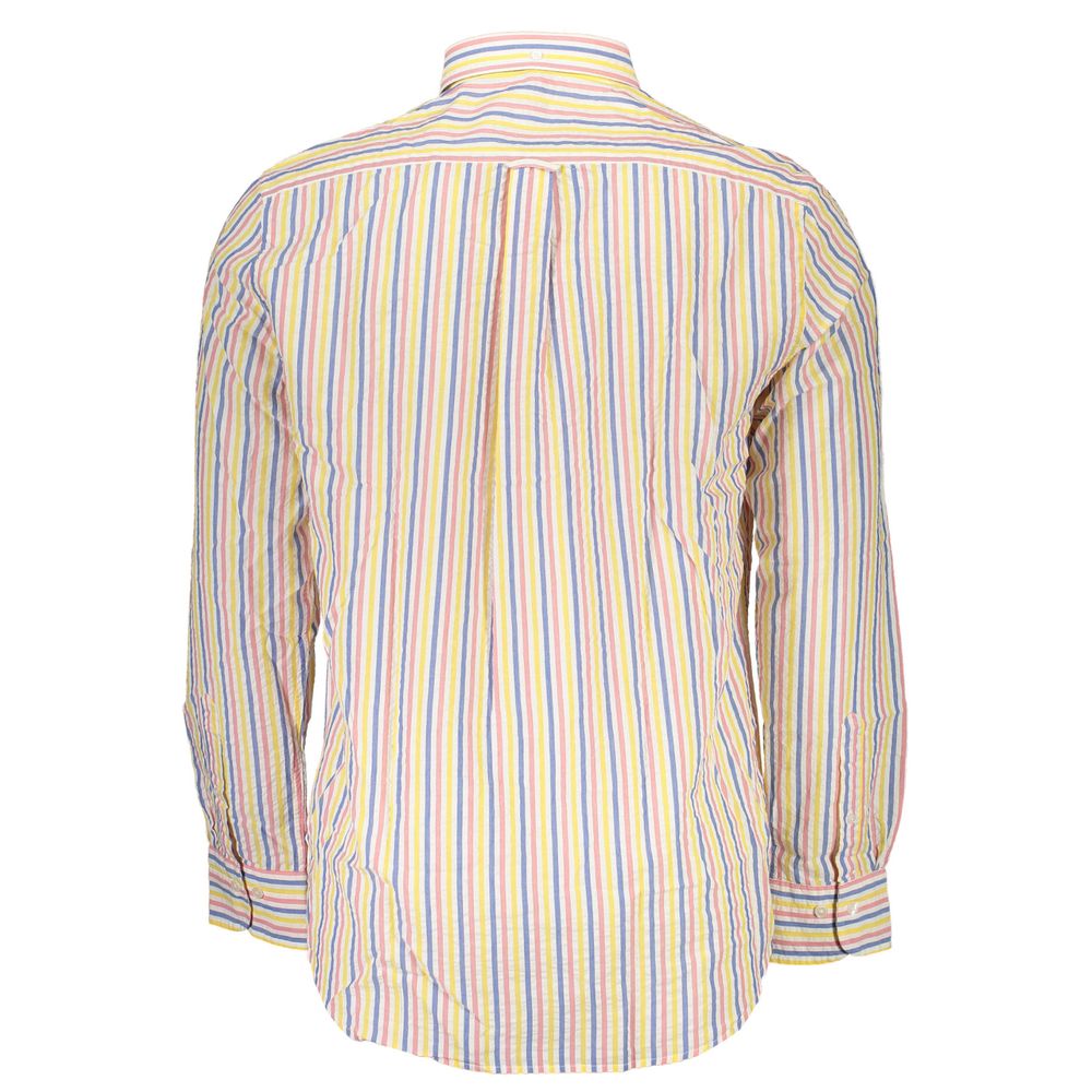 Men's long-sleeve shirt with colorful vertical stripes, rear view, showcasing detailed stitching and classic tailoring.