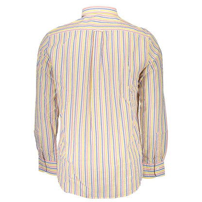 Men's long-sleeve shirt with colorful vertical stripes, rear view, showcasing detailed stitching and classic tailoring.