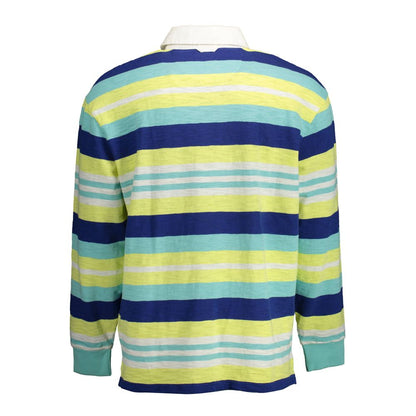 Back view of a striped long sleeve polo shirt with yellow and blue colors.
