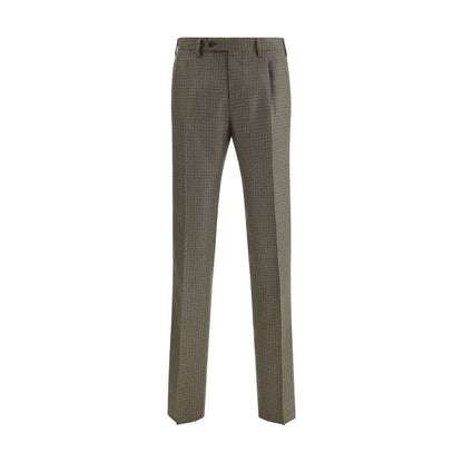 Germano Brown Fleece Wool Casual Pants with houndstooth pattern and classic straight cut, featuring side welt and back pockets.