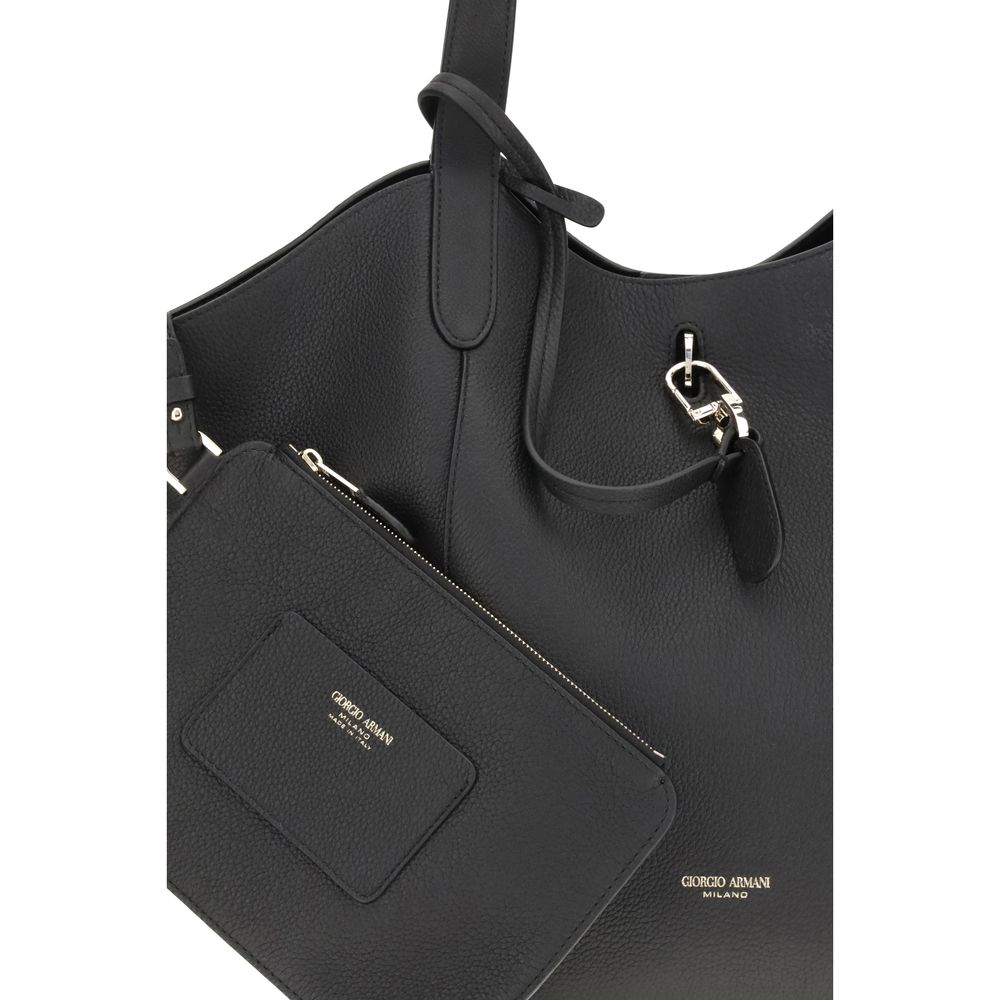 Giorgio Armani Black Calf Leather Bos Taurus Handbag with removable clutch, featuring a metal ring and snap hook closure.