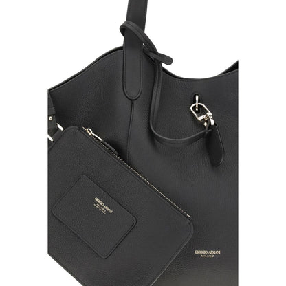 Giorgio Armani Black Calf Leather Bos Taurus Handbag with removable clutch, featuring a metal ring and snap hook closure.