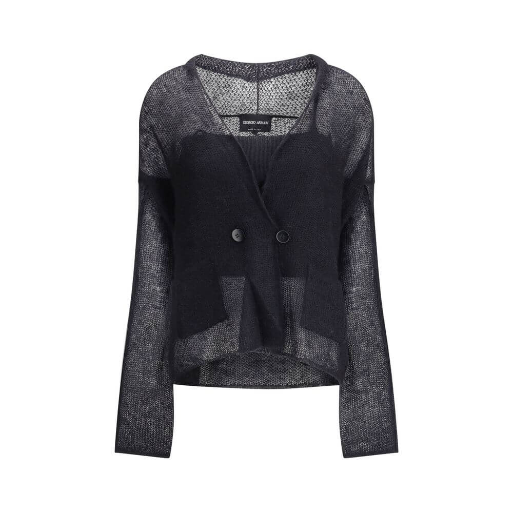 Giorgio Armani Black Mohair Cardigan with refined mesh stitching, featuring a double-breasted style for an elegant, relaxed look.