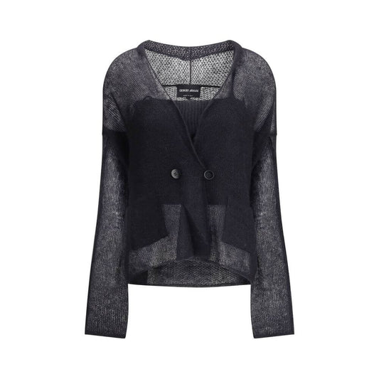 Giorgio Armani Black Mohair Cardigan with refined mesh stitching, featuring a double-breasted style for an elegant, relaxed look.