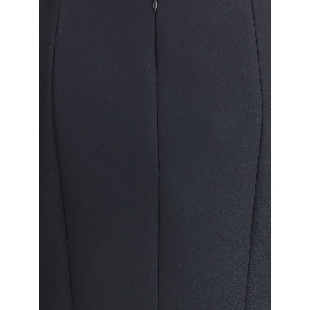 Giorgio Armani Black Recycled Polyester Midi Skirt with clean lines, back zip closure, and slanted side pockets. Elegant and versatile AW25.