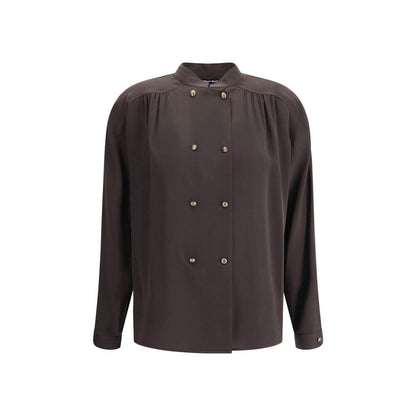 Giorgio Armani Brown Silk Shirt with double-breasted closure, mandarin collar, and embossed buttons, elegant design for refined style.