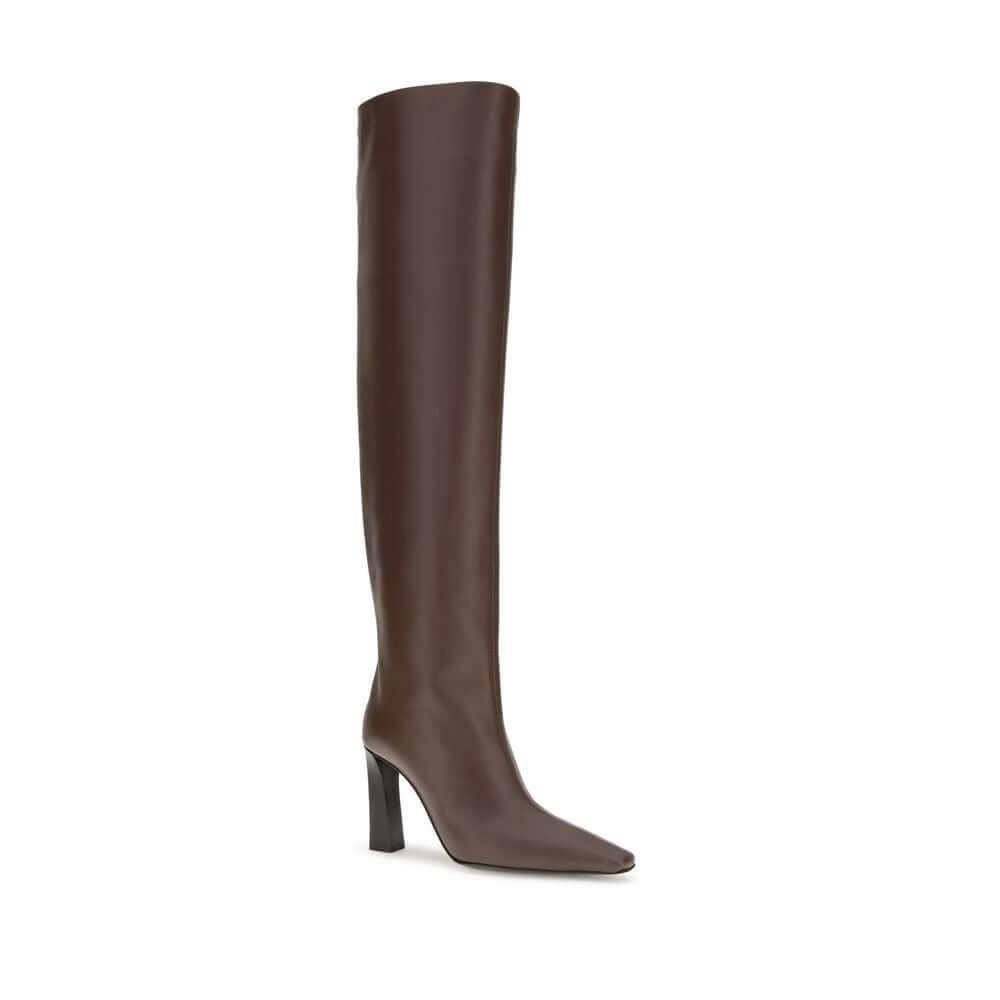 Giuseppe Zanotti Brown Leather Over The Knee Boots with almond toe and squared heel, perfect for elegant and bold looks.
