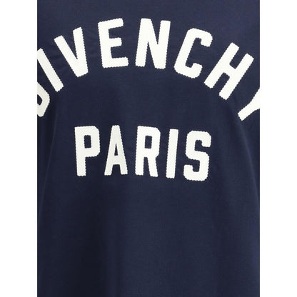 Givenchy Blue Cotton T-Shirt with Paris logo front view detail, showcasing soft cotton fabric and iconic ribbed crew neck for AW25.