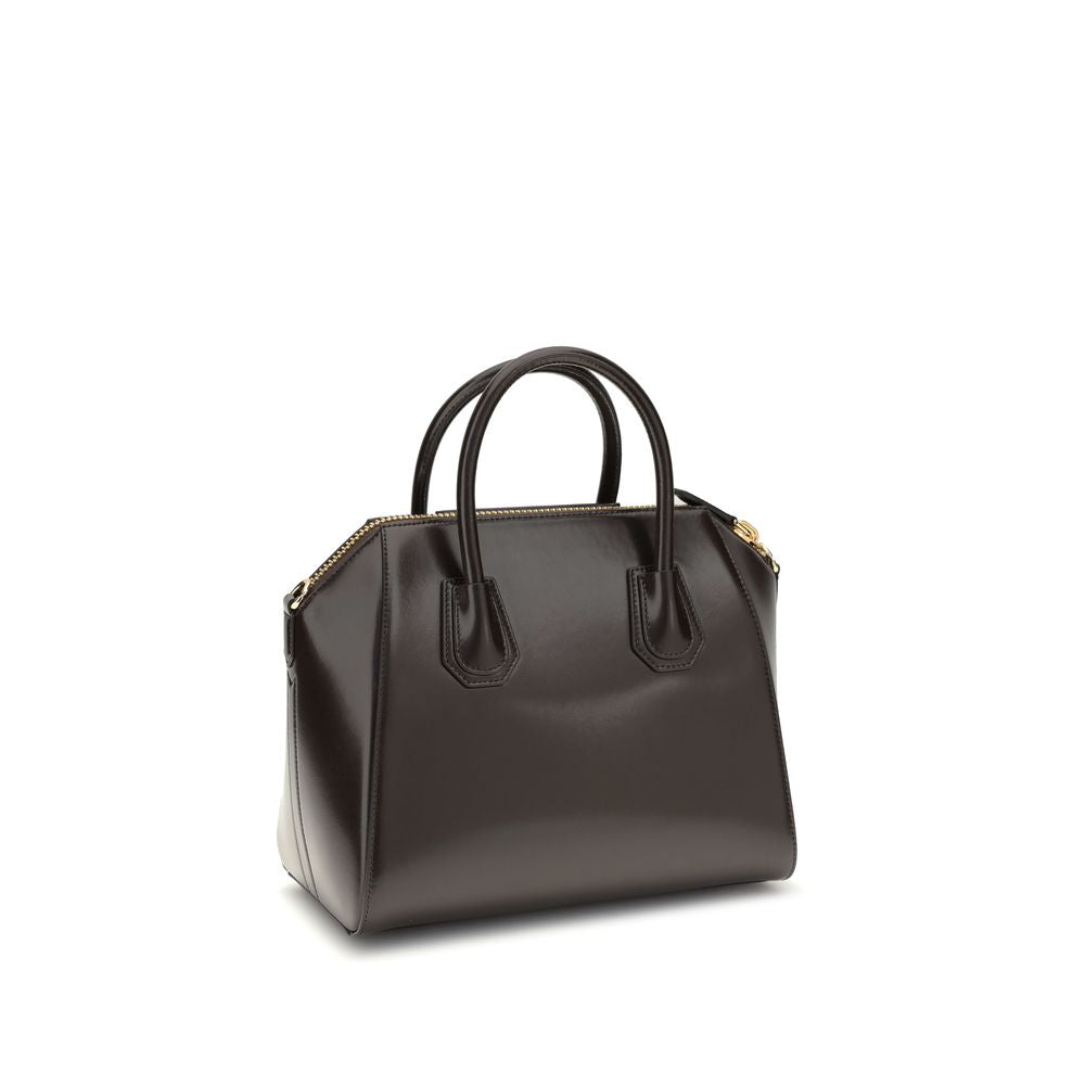 Givenchy Brown Calf Leather Bos Taurus Handbag with glossy finish and gold zipper, featuring handles and a removable shoulder strap.