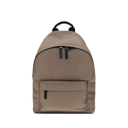 Givenchy Brown Polyamide Backpack with metal signature, double-zip closure, padded straps, and pockets for organized storage.