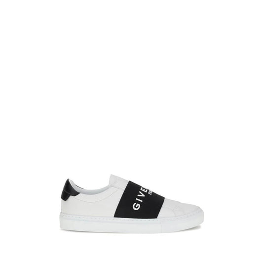 Givenchy White Calf Leather Bos Taurus Low Top Sneakers with elastic band and embossed logo, slip-on design.
