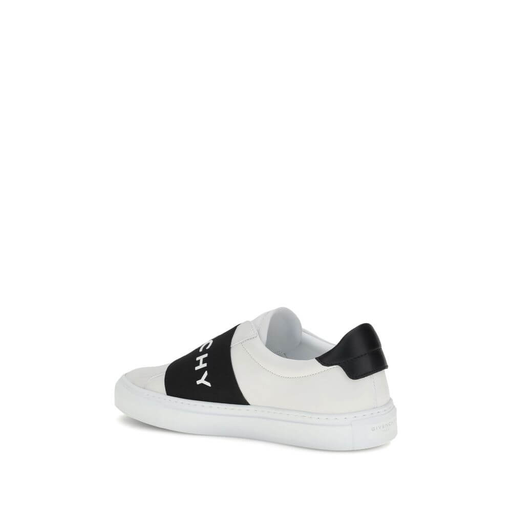 Givenchy White Calf Leather Bos Taurus Low Top Sneakers with logo elastic band, padded ankle, and contrasting leather heel.