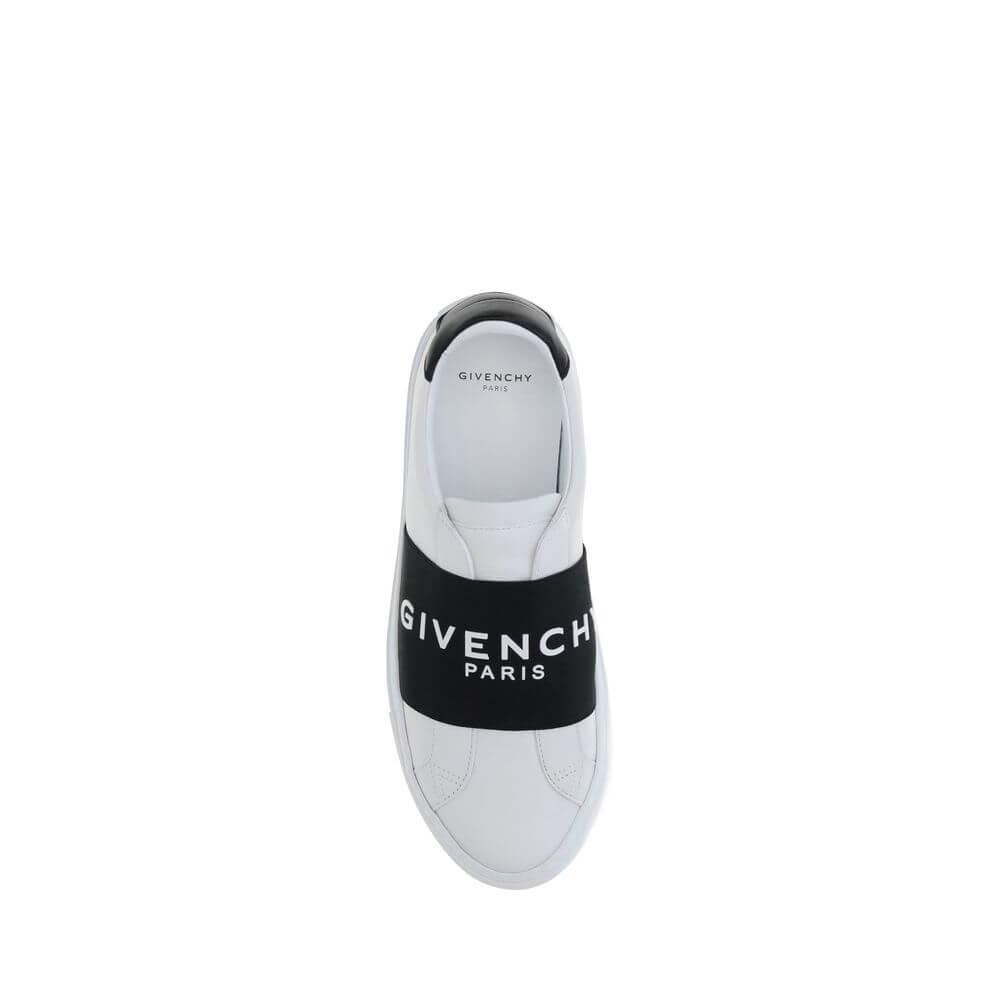 Top view of Givenchy White Calf Leather Bos Taurus Low Top Sneakers with logo band, featuring slip-on design and padded ankle.