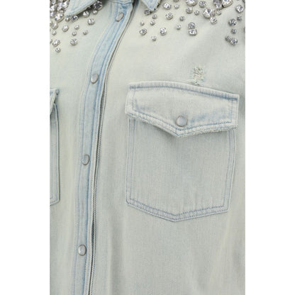 Golden Goose Blue Denim Shirt with beaded embellishments, featuring pearl snap buttons and two front patch pockets, made from 100% cotton.