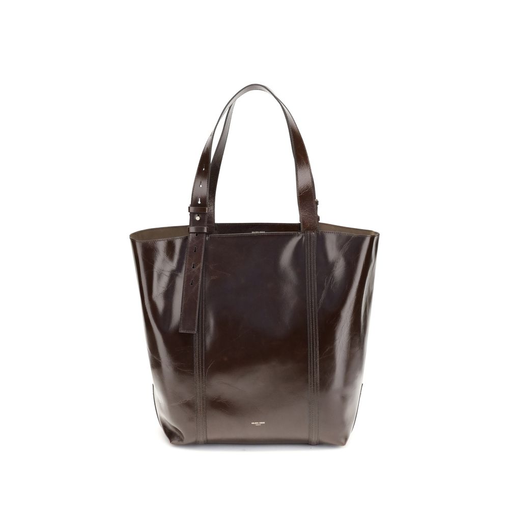 Golden Goose Brown Calf Leather Bos Taurus Shoulder Bag with shiny finish and adjustable handles for versatile use.